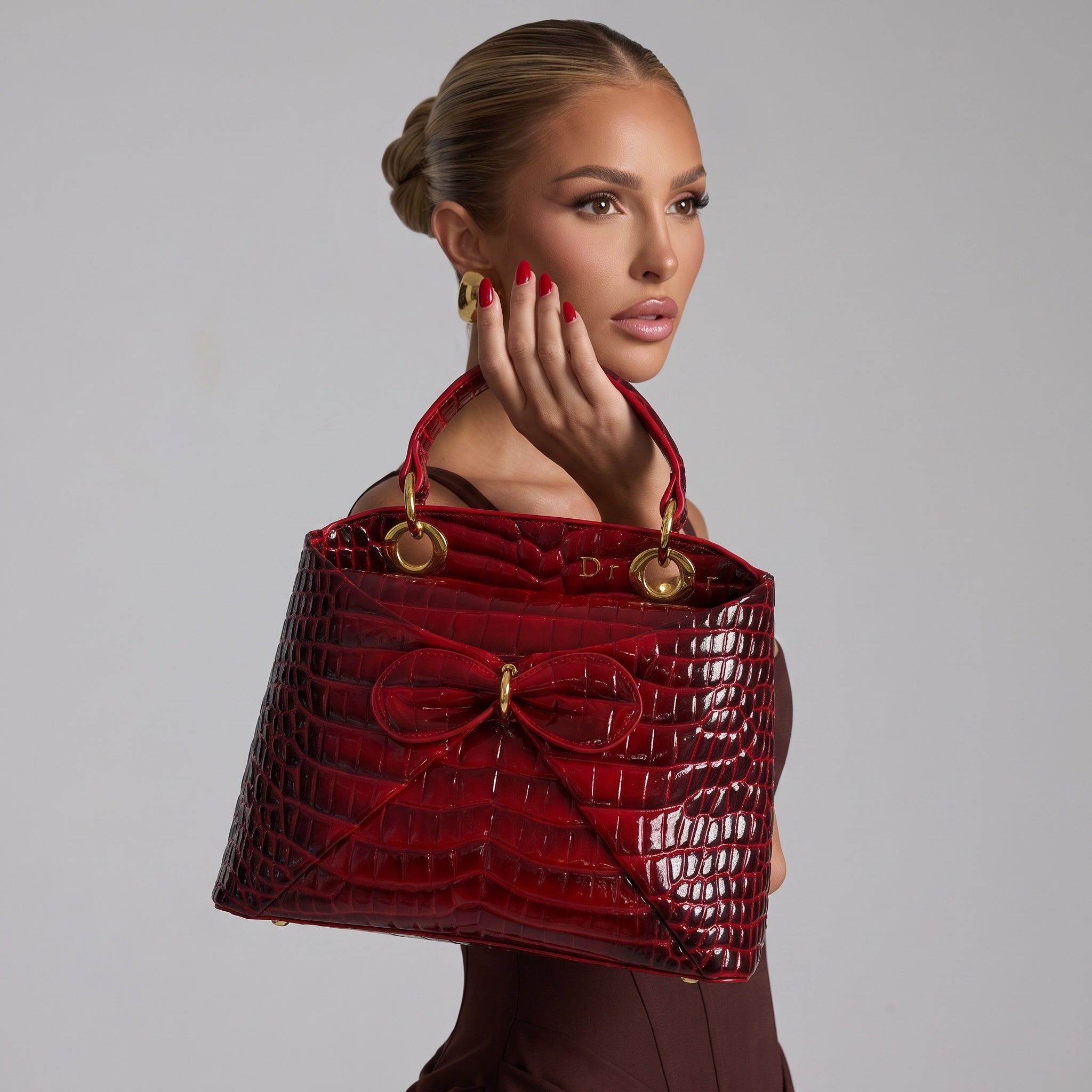 Red croc-embossed Dior tote bag with bow and gold rings held by model