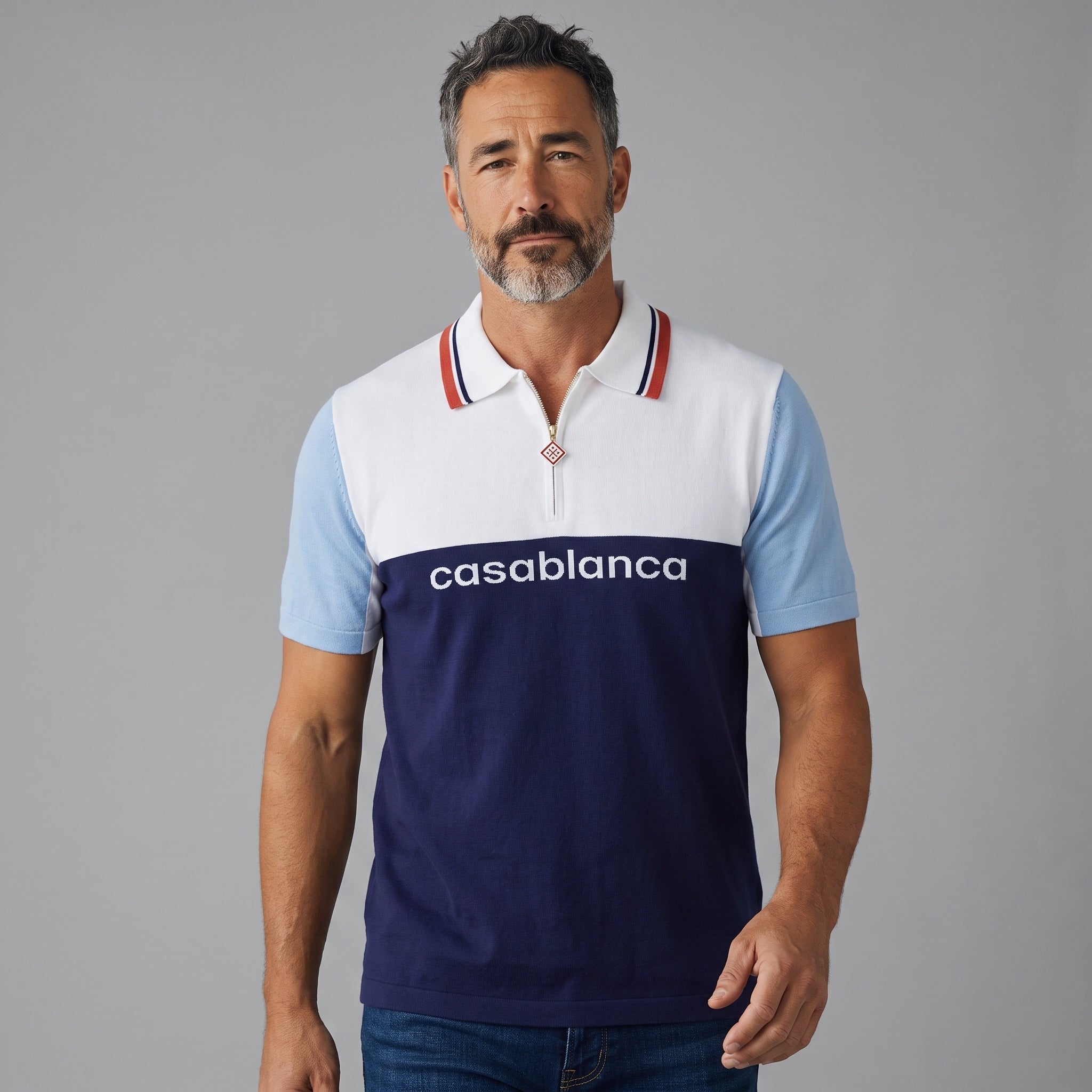 Casablanca short-sleeve colorblock polo with zip collar and chest logo