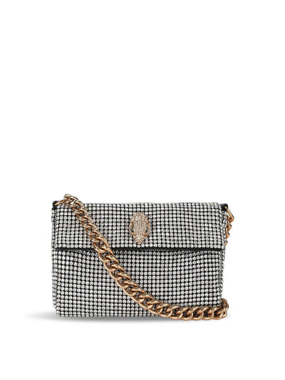 silver crystal shoulder bag with gold chunky chain and jeweled clasp