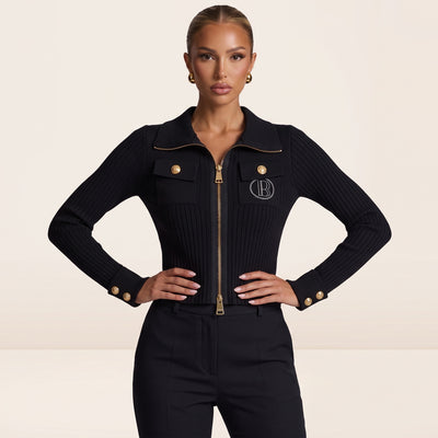 Black Balmain ribbed zip jacket with gold buttons and embroidered B logo