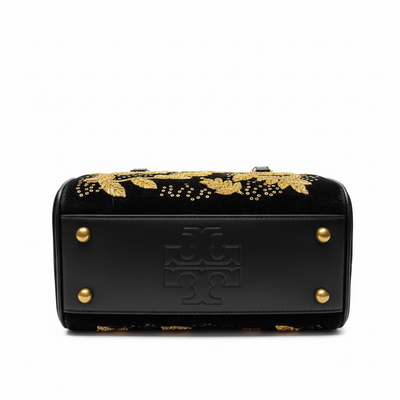 Tory Burch Black Embroidered Top-Handle Bag with Gold Leaf Motif ✨🖤