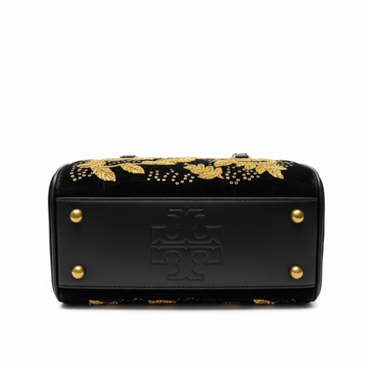 Tory Burch Black Embroidered Top-Handle Bag with Gold Leaf Motif ✨🖤