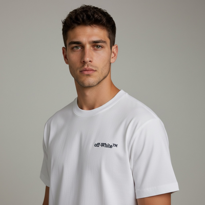 White Off-White crew-neck t-shirt with small chest logo and neon arrow graphic on back