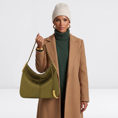 olive hobo shoulder bag with gold horn hardware