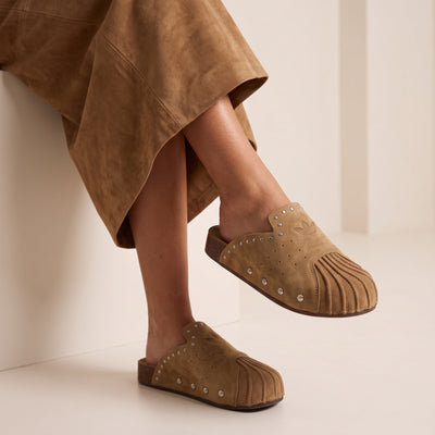 tan adidas slip-on studded suede mule clog with low cork-look heel