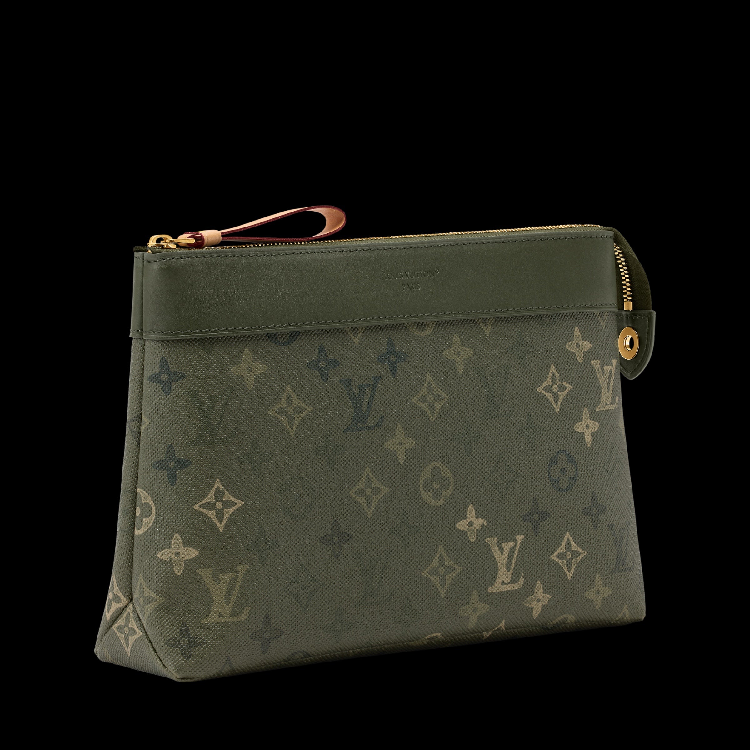 Louis Vuitton green monogram pouch with gold zipper and wristlet loop