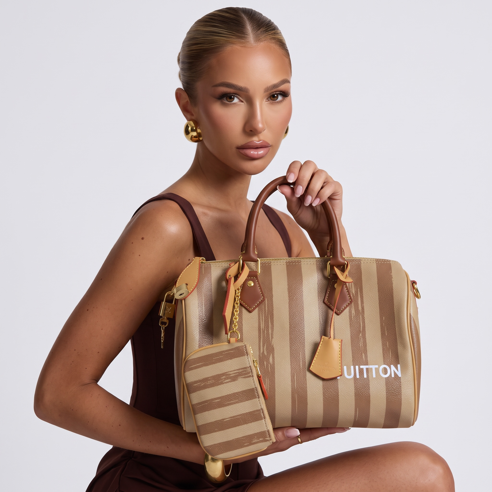Louis Vuitton Striped Canvas Speedy Handbag with Pouch – Beige