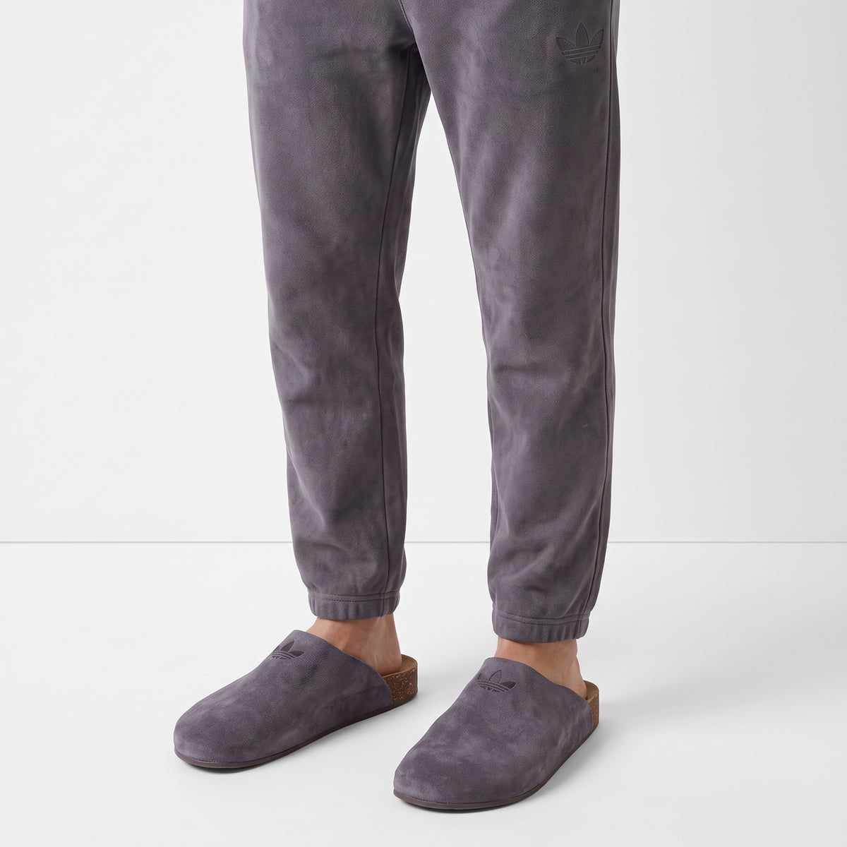 Adidas grey mule clog with suede-look upper and cork-effect heel