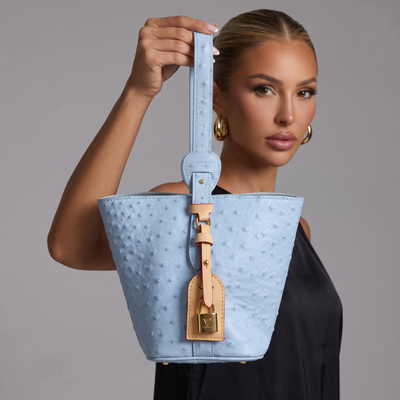 🩵 Louis Vuitton Lockme Bucket Bag – Sky Blue Ostrich Leather ✨
