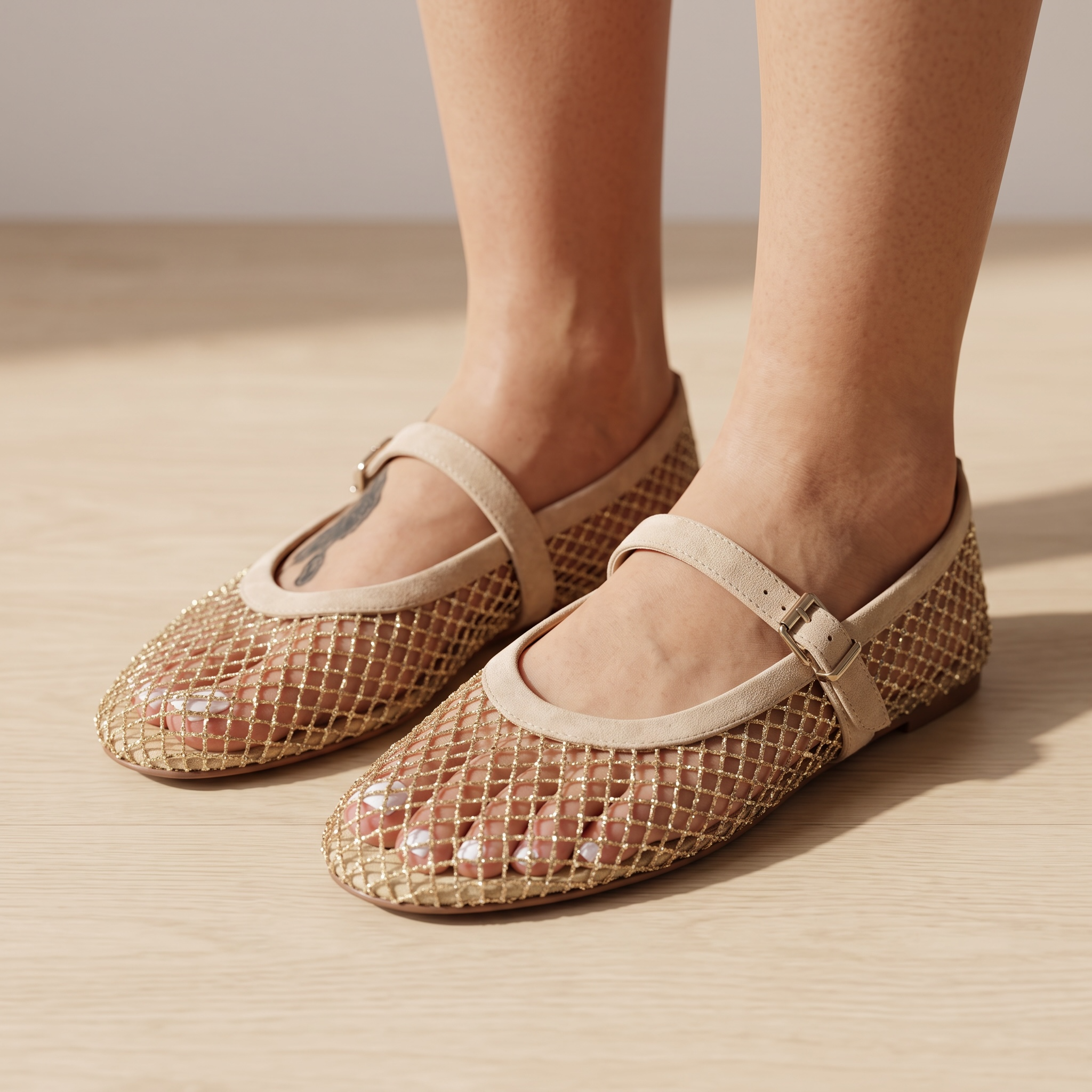 ✨ Alaïa Mesh Mary Jane Ballet Flats – Gold Beige