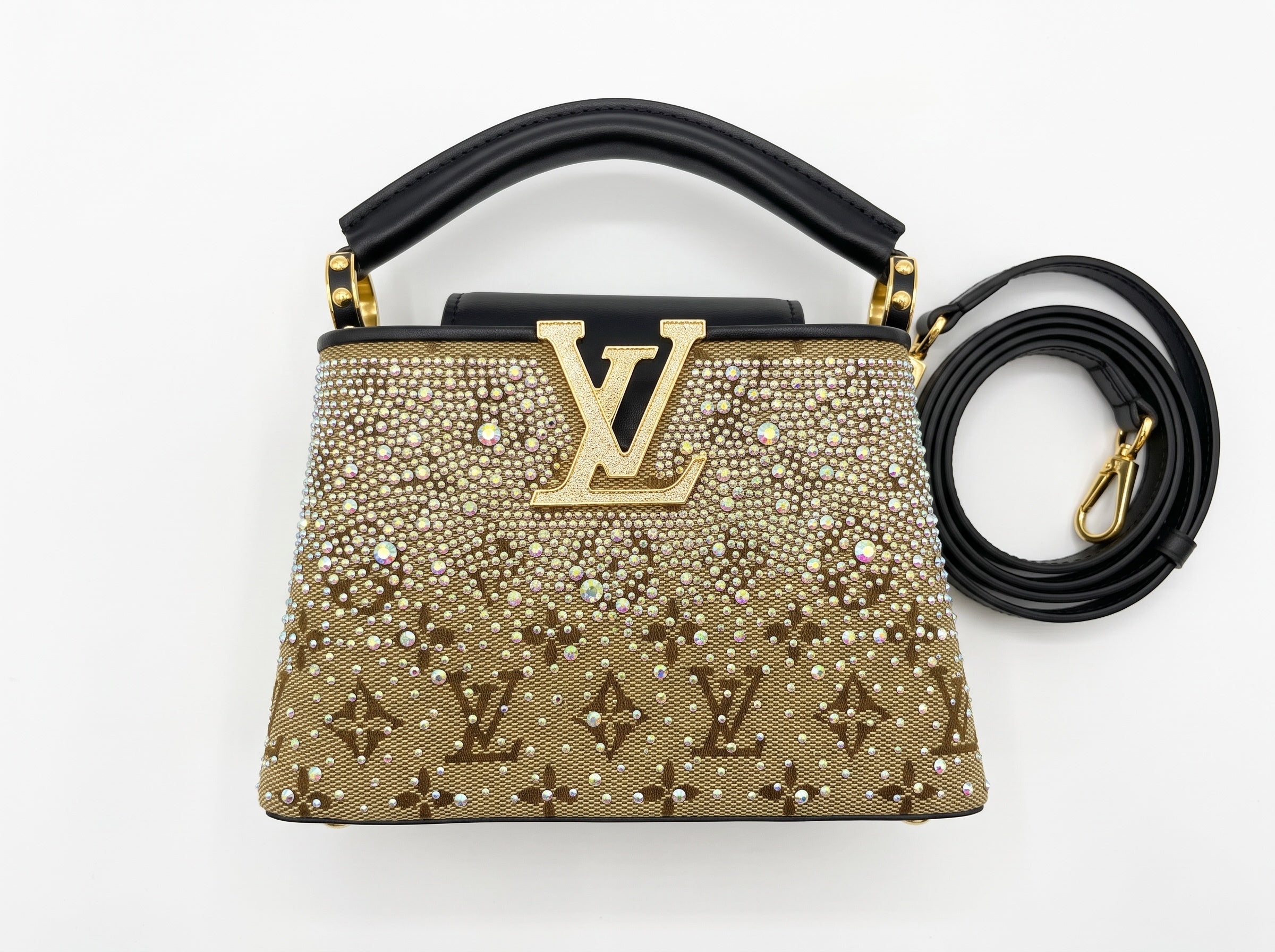 Louis Vuitton brown monogram top-handle bag with crystal studs and gold LV logo