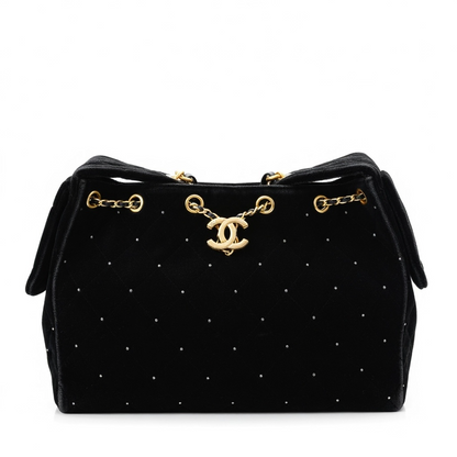 Chanel Velvet Crystal Quilted Shoulder Bag – Black & Gold ✨🖤