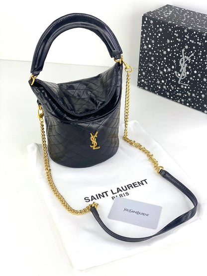 Saint Laurent Quilted Leather Bucket Bag with Gold Chain