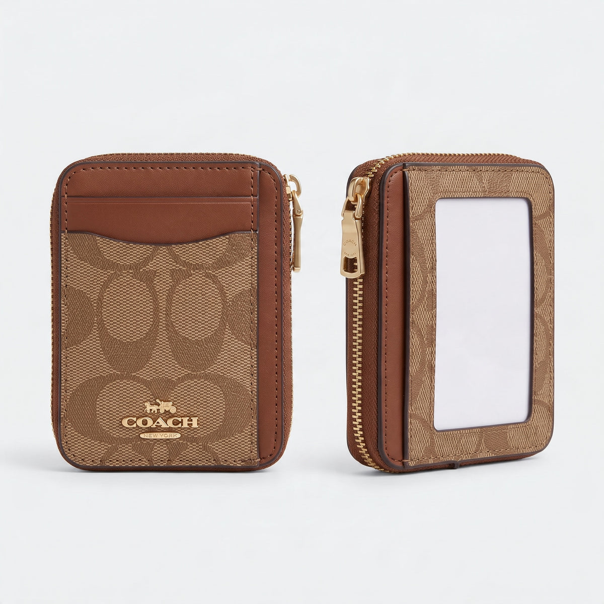 Coach brown zip card case with ID window and gold logo