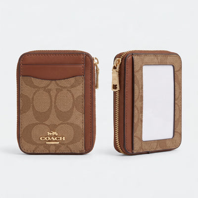 Coach brown zip card case with ID window and gold logo