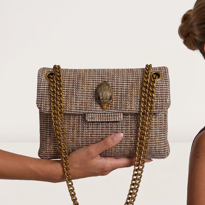 Kurt Geiger brown tweed shoulder bag with antique gold chain and snake head clasp