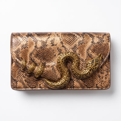 Roberto Cavalli brown snake-print clutch with antique-gold serpent hardware