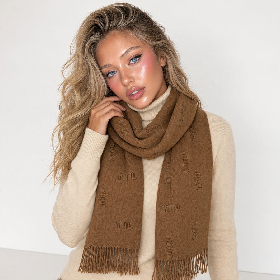 Miu Miu Scarf – Camel Logo Knit