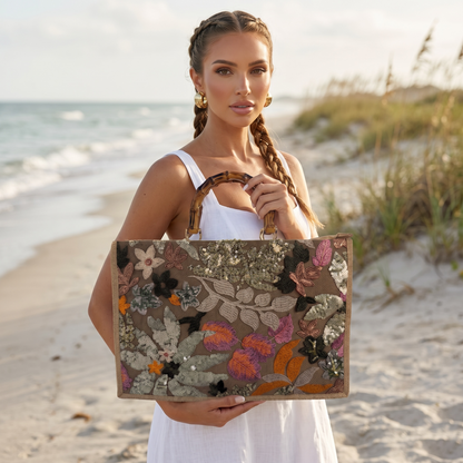 Botanical Embroidered Bamboo Handle Tote 🌿🌸👜