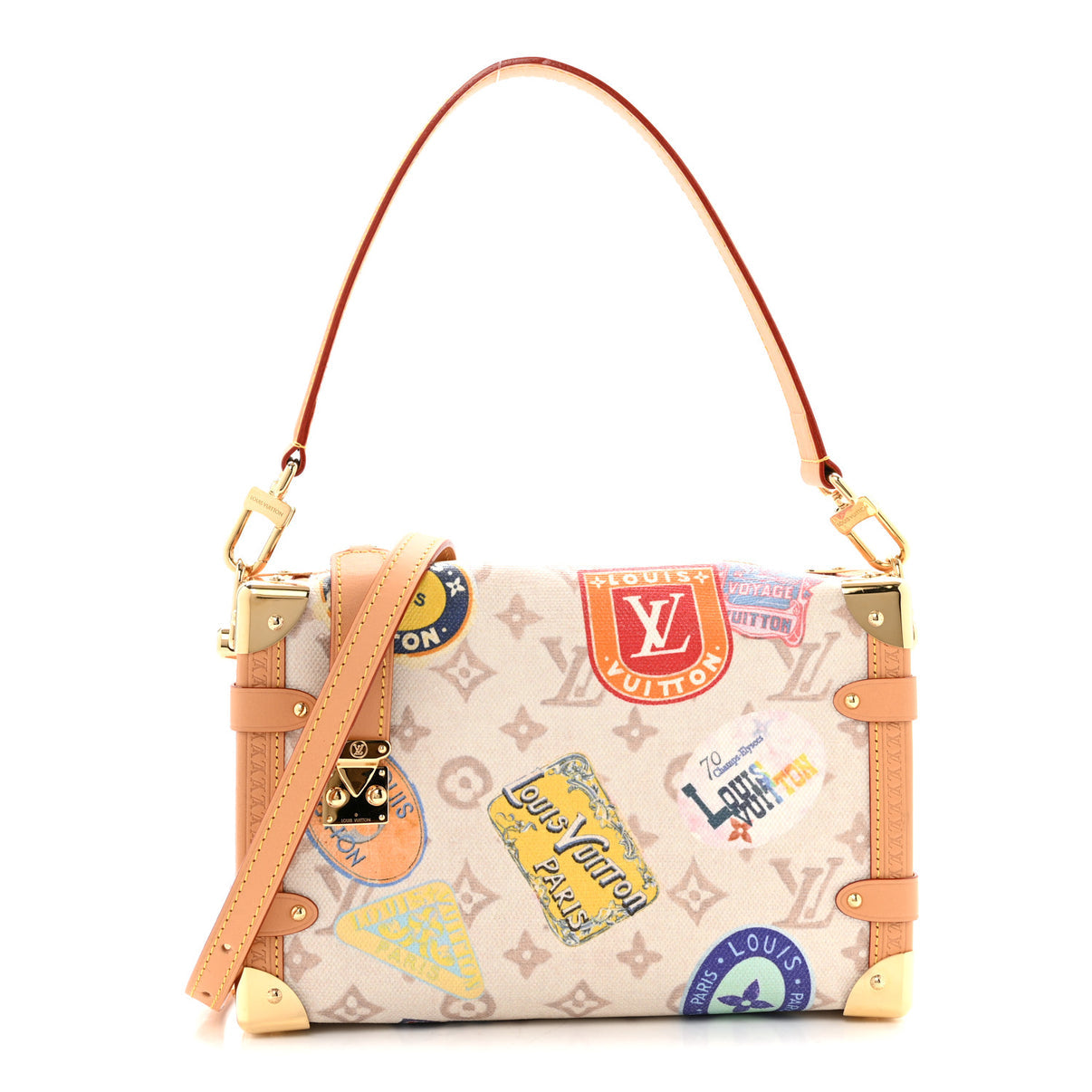 Louis Vuitton Petite Malle trunk-style shoulder bag with multicolour travel sticker monogram and tan leather trim