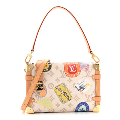 Louis Vuitton Petite Malle trunk-style shoulder bag with multicolour travel sticker monogram and tan leather trim