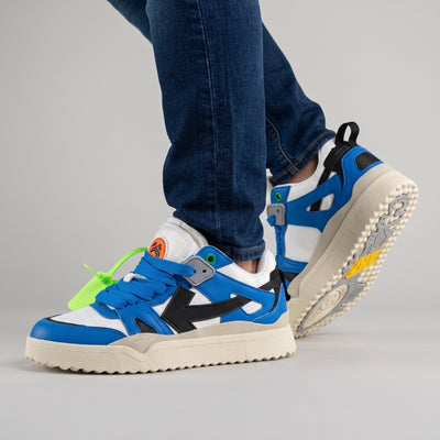 Off-White blue and white chunky sneakers with cream sole and neon zip tag