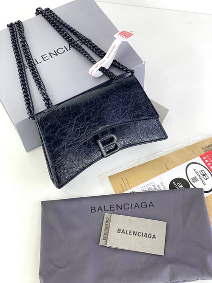 Balenciaga Hourglass Chain Bag in Black Crinkled Leather