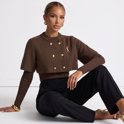 Saint Laurent brown cropped capelet sweater with gold buttons and YSL logo