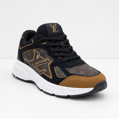 Louis Vuitton brown monogram low-top sneaker with black mesh and white sole