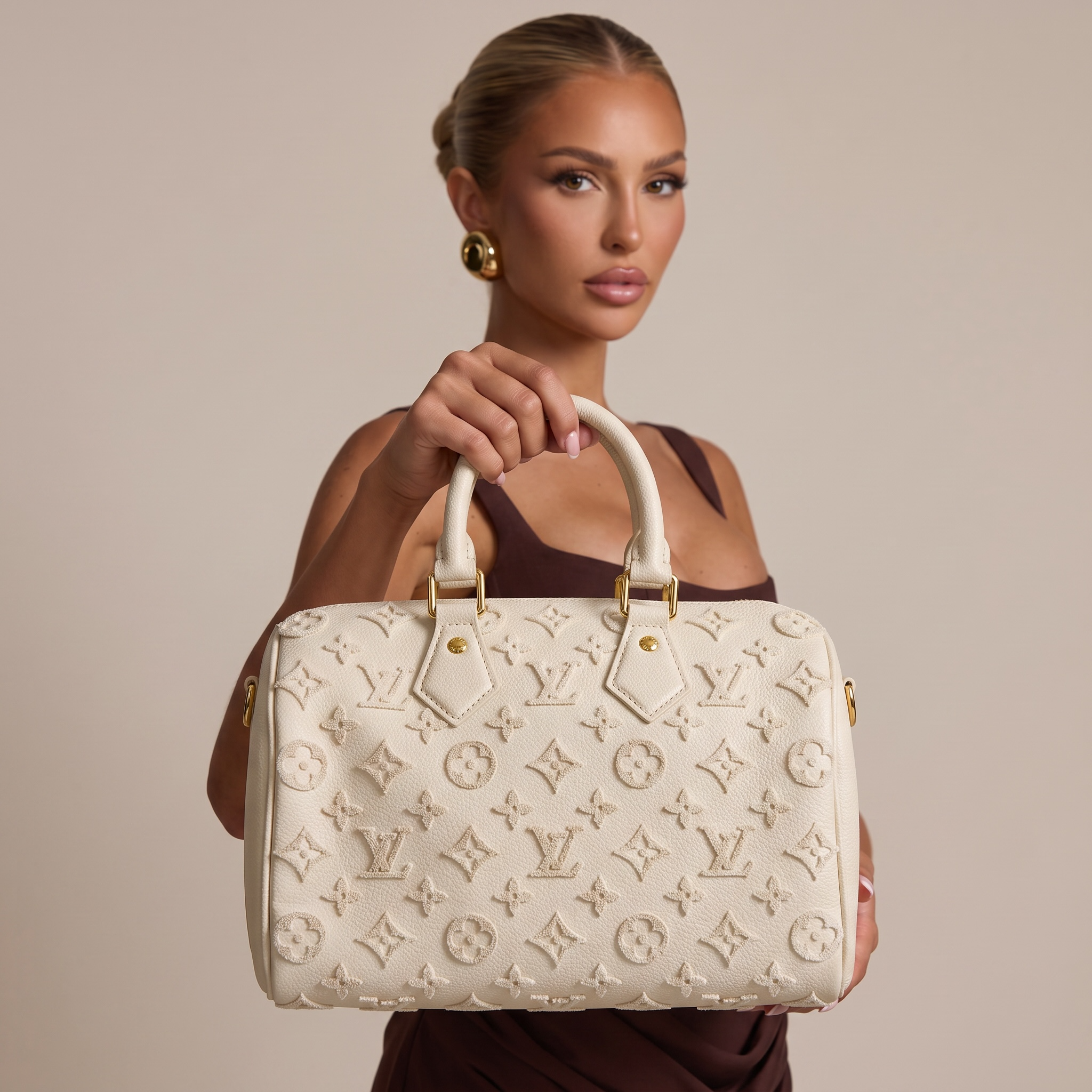 🤍 Louis Vuitton Monogram Empreinte Speedy Handbag – Cream