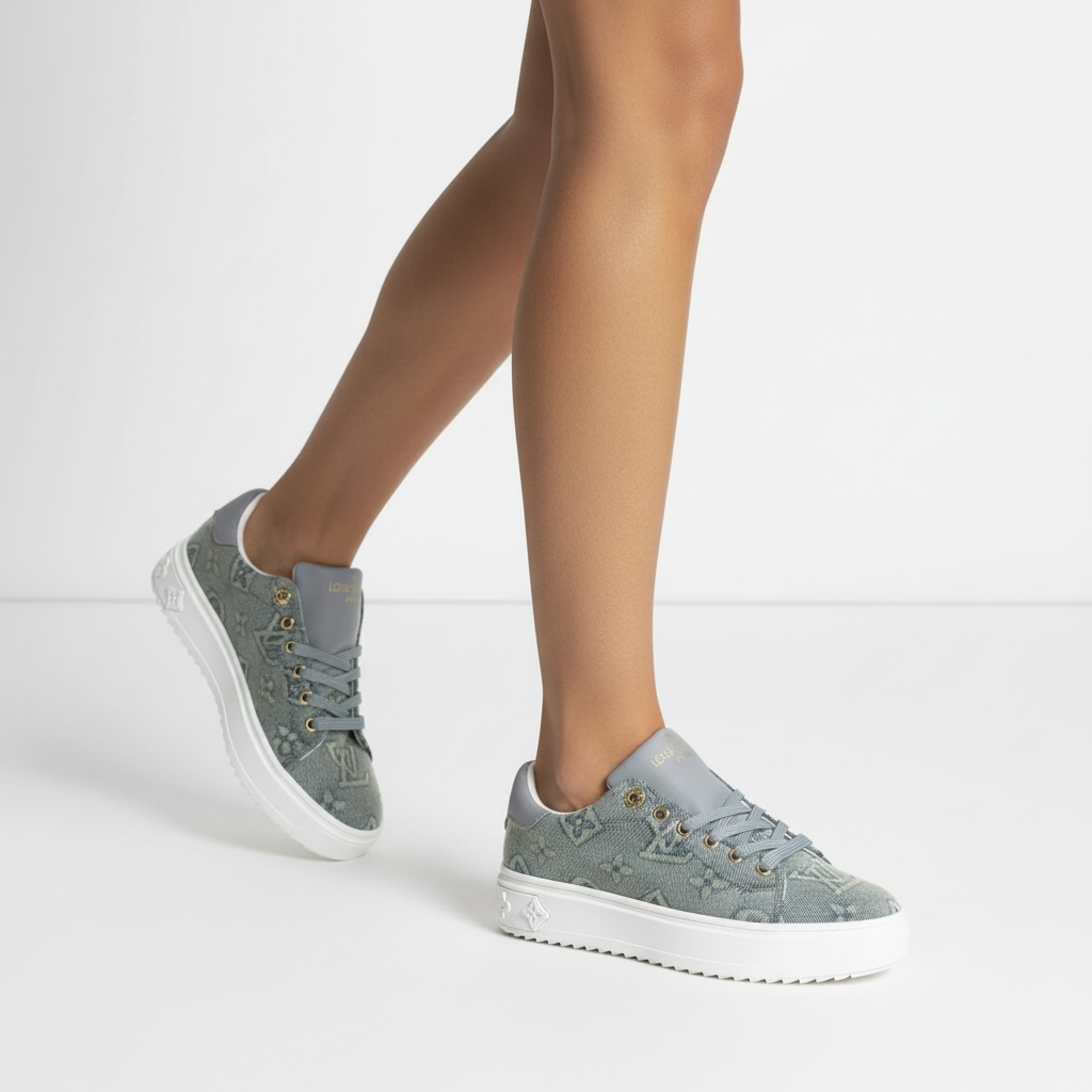 Louis Vuitton low-top grey monogram sneakers on model legs
