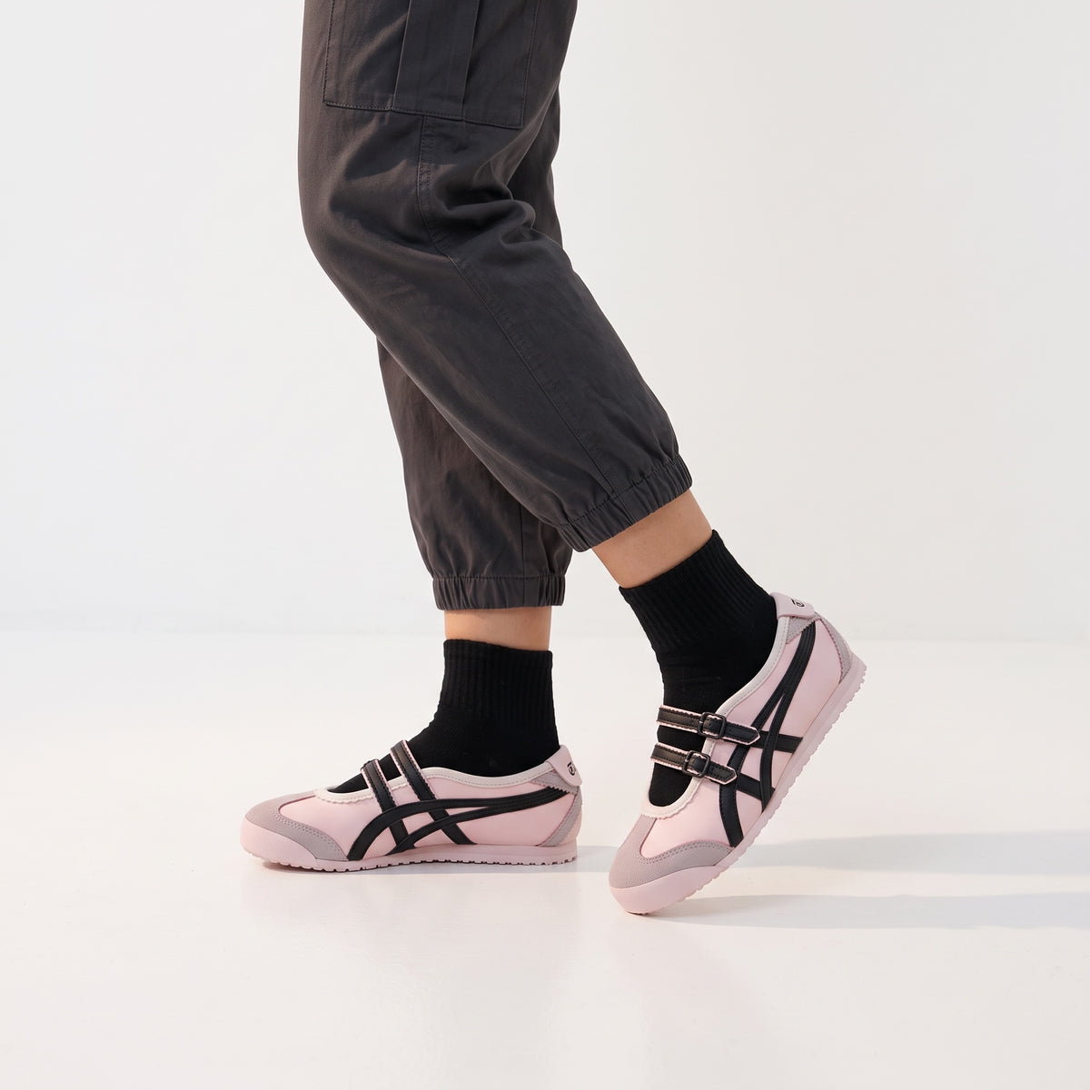 Onitsuka Tiger pink Mary Jane sneakers with black stripe straps