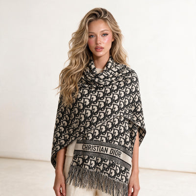 Christian Dior black and beige logo scarf with fringe