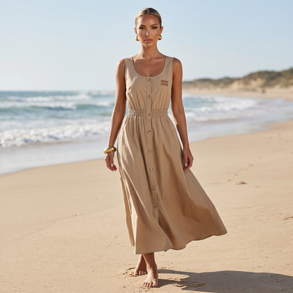 🤎 Miu Miu Sleeveless Cotton Midi Dress – Sand Beige ✨