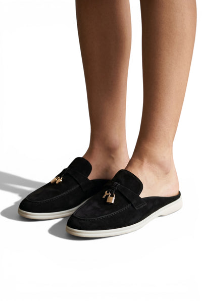 LORO PIANA Style Black Suede Slip-On Loafers 🖤✨ | Gold Detail Edition