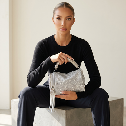✨ Silver Crystal Barrel Bag – Luxury Rhinestone Evening Handbag