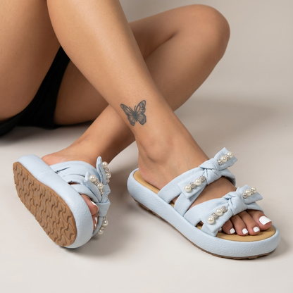 Pearl Bow Comfort Slides – Baby Blue 🩵✨