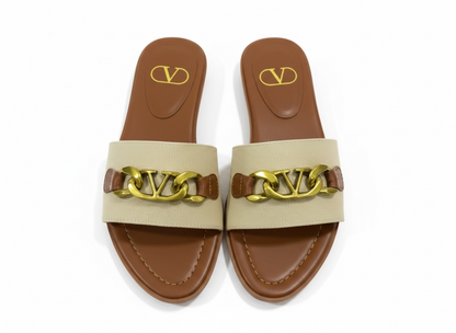 Valentino VLogo Slide Sandals 🤎✨ Gold Chain Edition