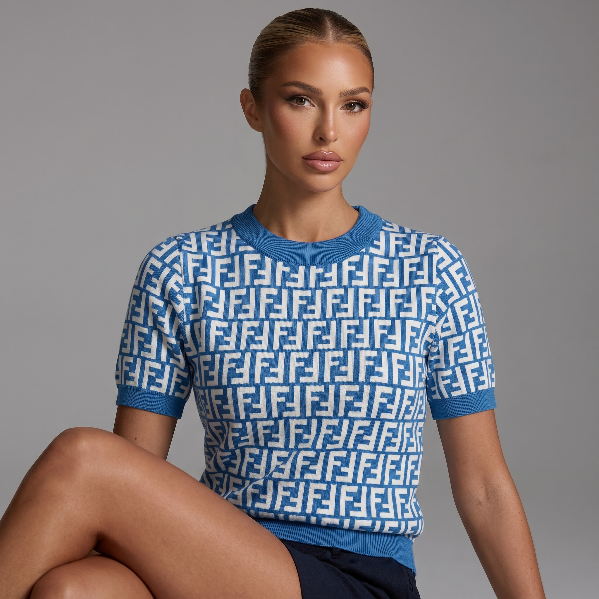 💙 Fendi FF Monogram Knit Top – Sky Blue Edition