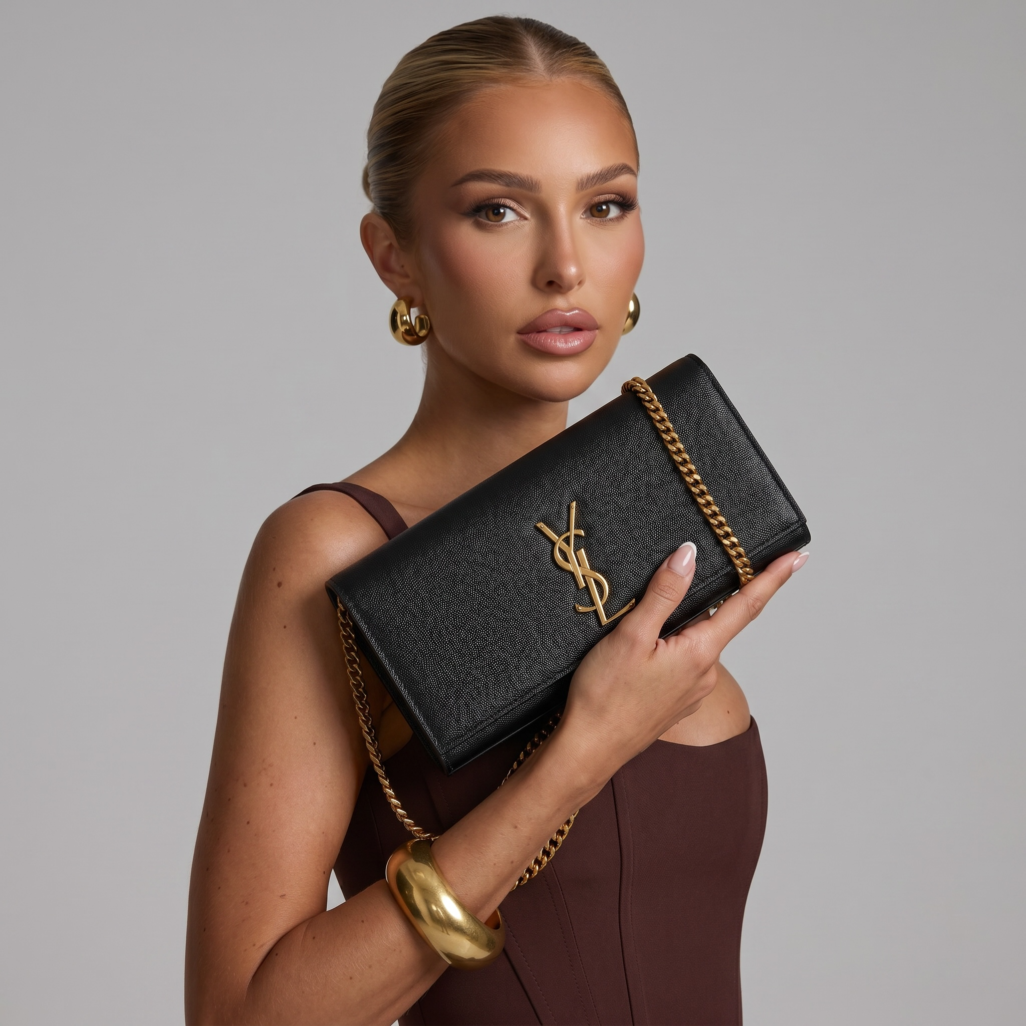 Saint Laurent Black Grain Leather YSL Clutch 🖤✨💛👛🔥