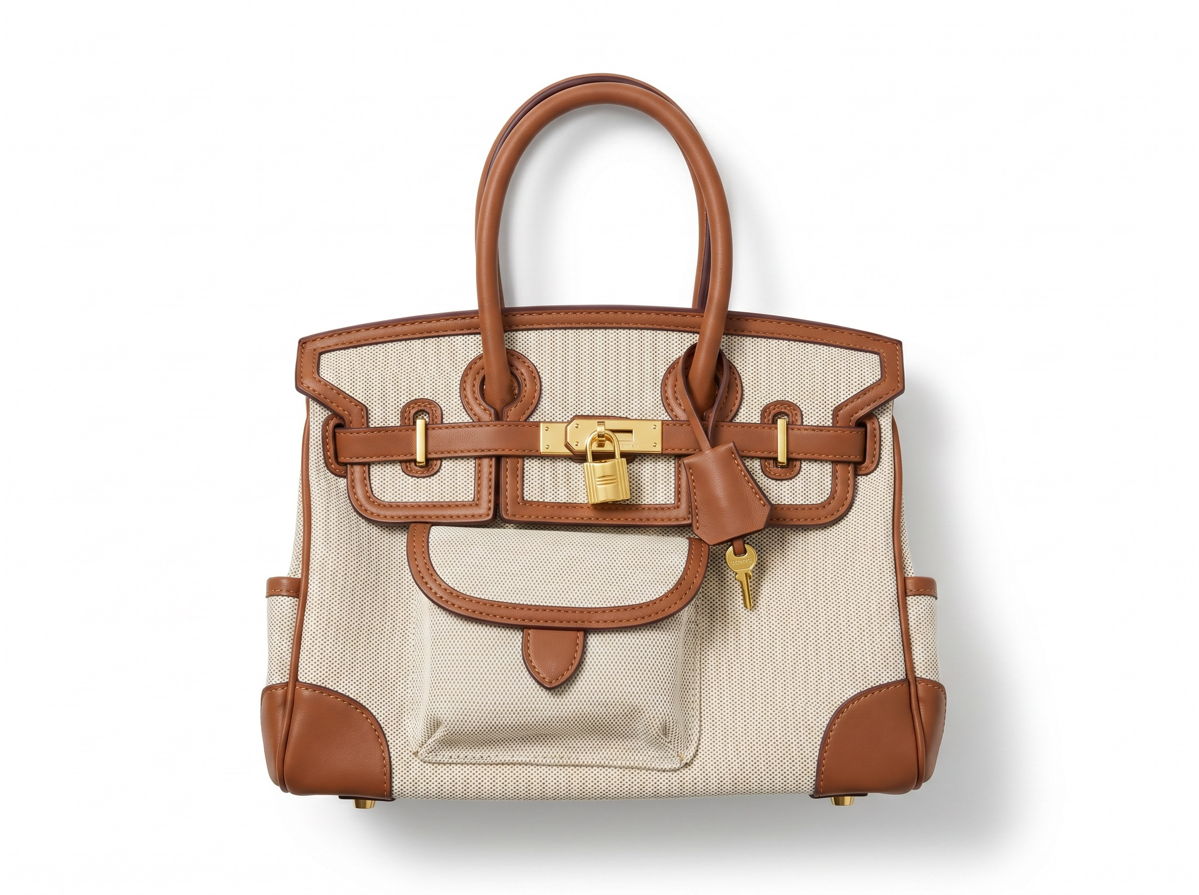👜 Hermès-Inspired Canvas & Leather Tote – Beige & Camel Luxury Handbag