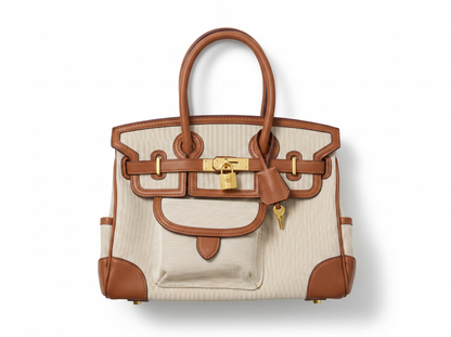 👜 Hermès-Inspired Canvas & Leather Tote – Beige & Camel Luxury Handbag