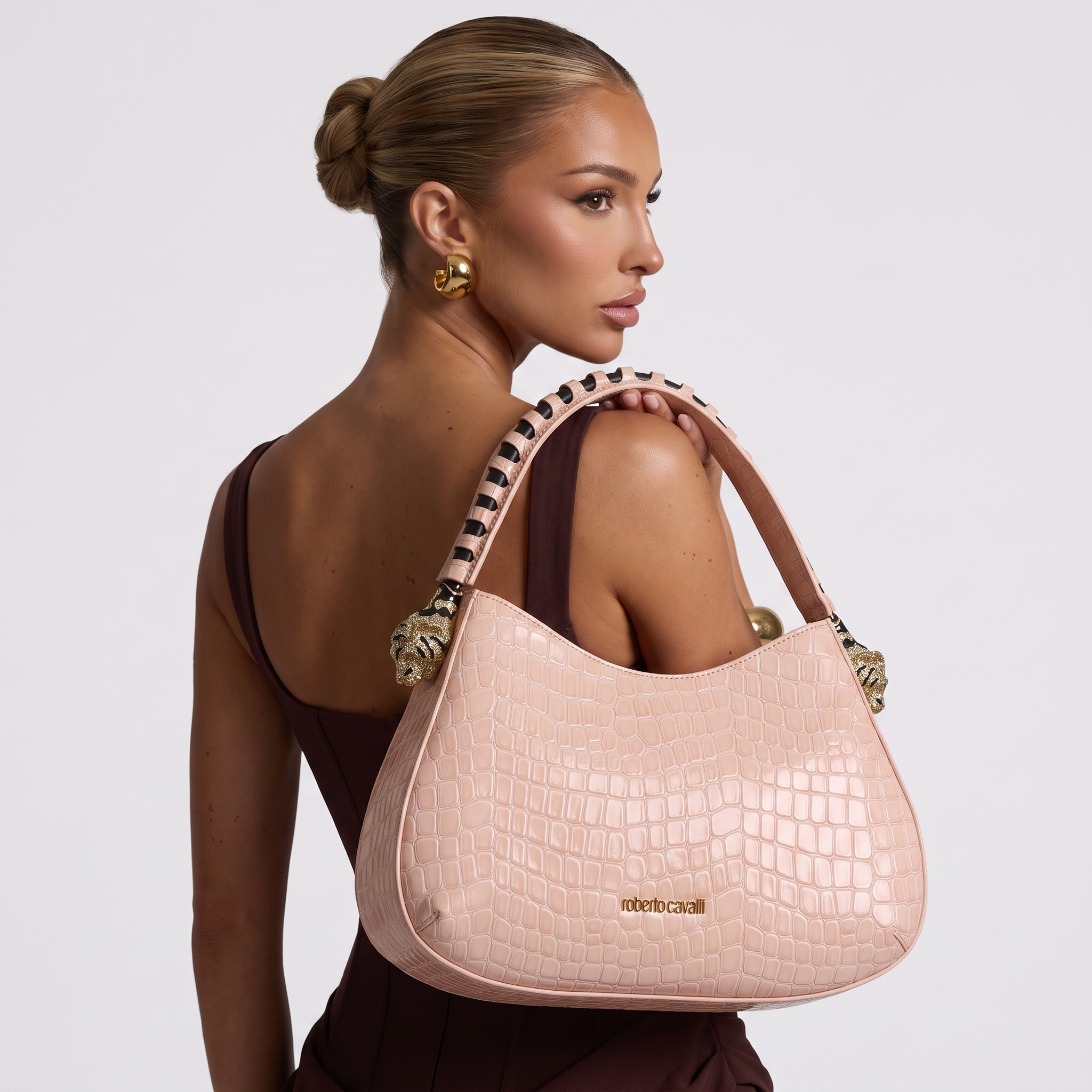 Roberto Cavalli Croc-Embossed Leather Hobo Shoulder Bag – Blush Pink