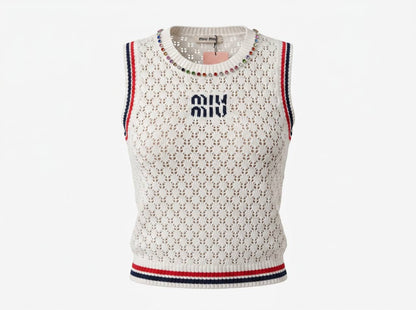 Miu Miu White Crochet Knit Sleeveless Top with Crystal Neckline 🤍✨
