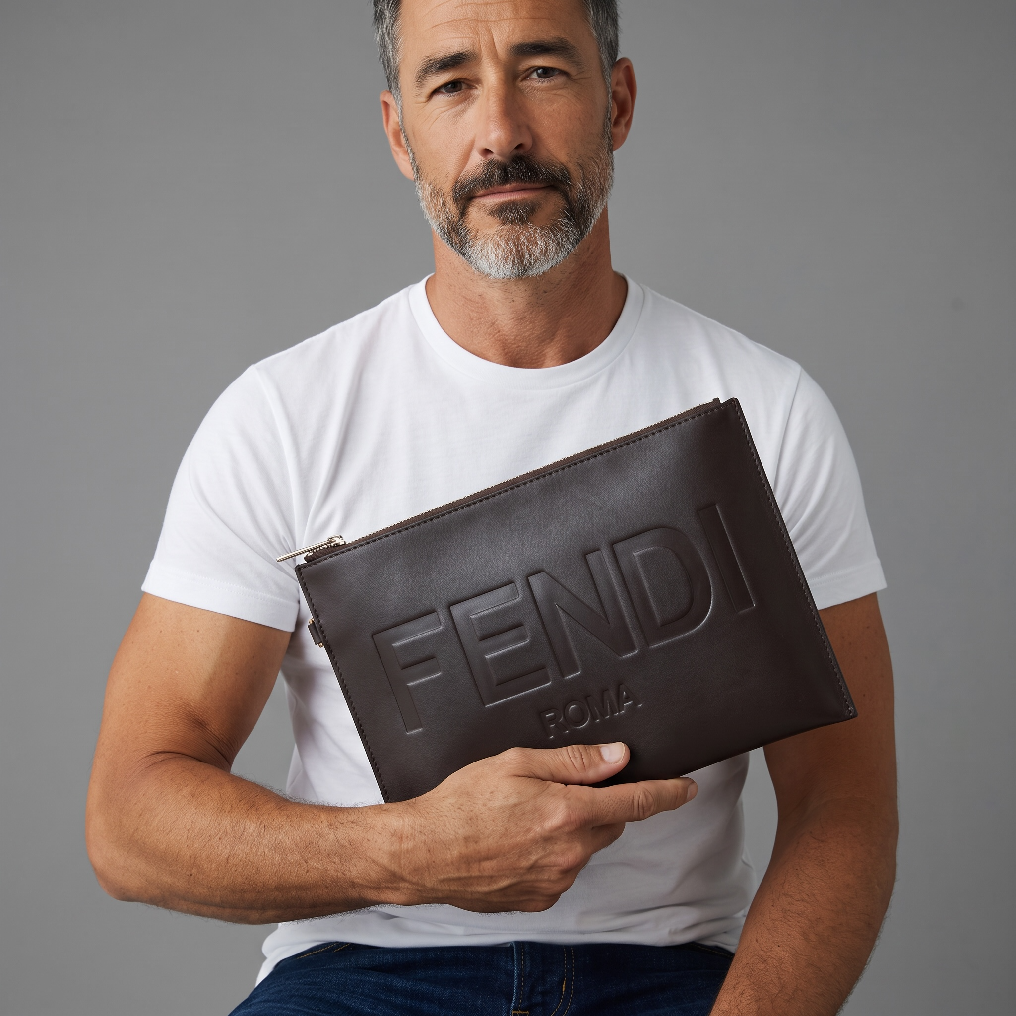 ✨ Fendi Roma Large Leather Pouch – Dark Brown