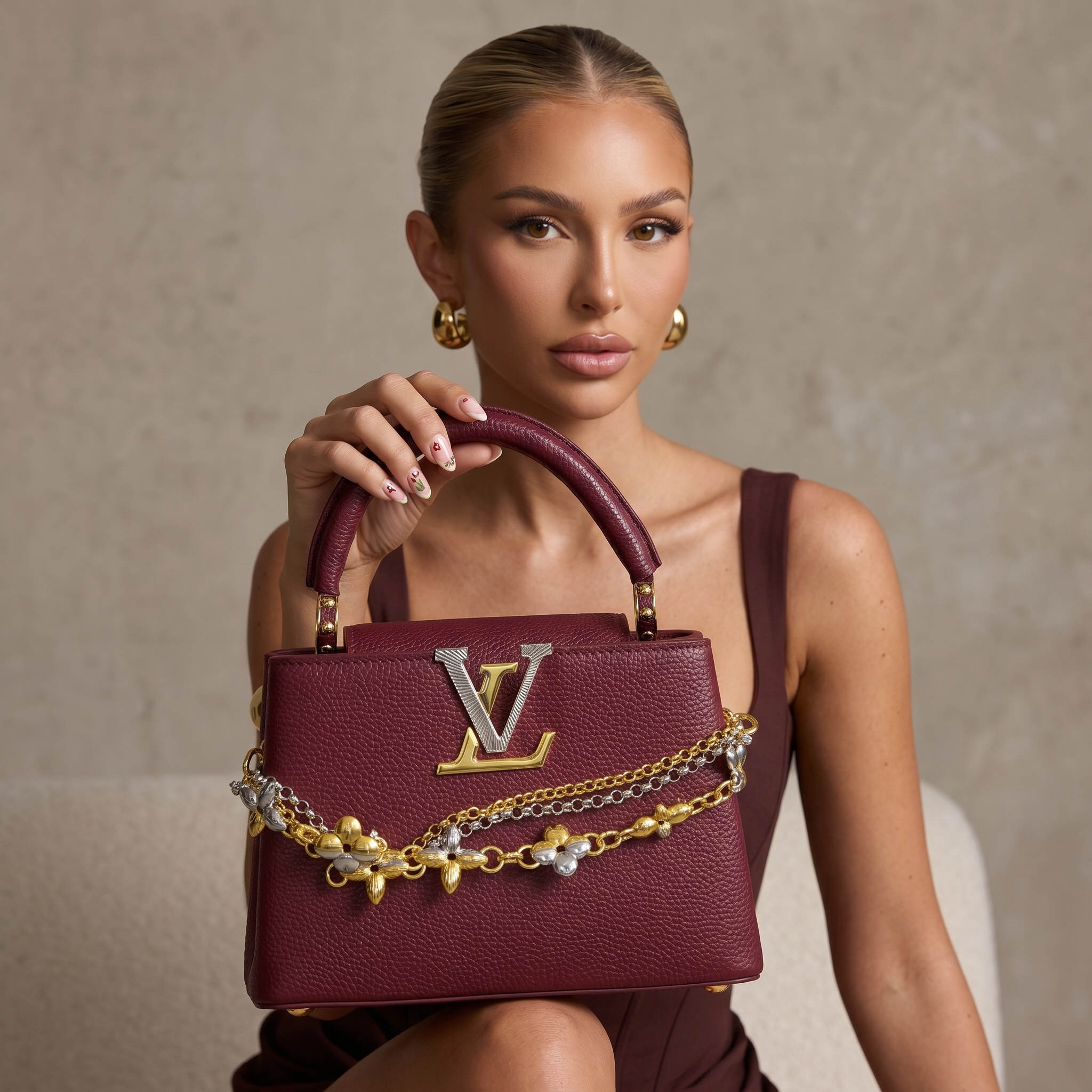 ✨ Louis Vuitton Capucines Mini Burgundy Leather Bag with Floral Chain Charm ❤️🌺
