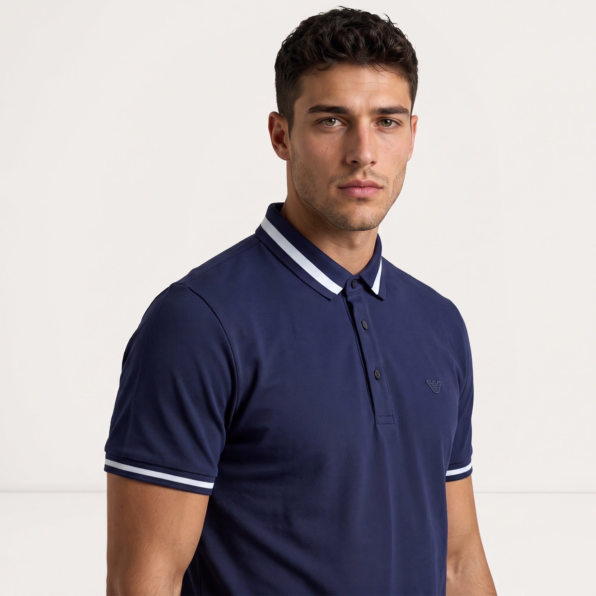 Men's navy Emporio Armani short-sleeve polo with white striped collar and cuffs