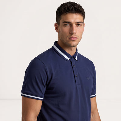 Men's navy Emporio Armani short-sleeve polo with white striped collar and cuffs