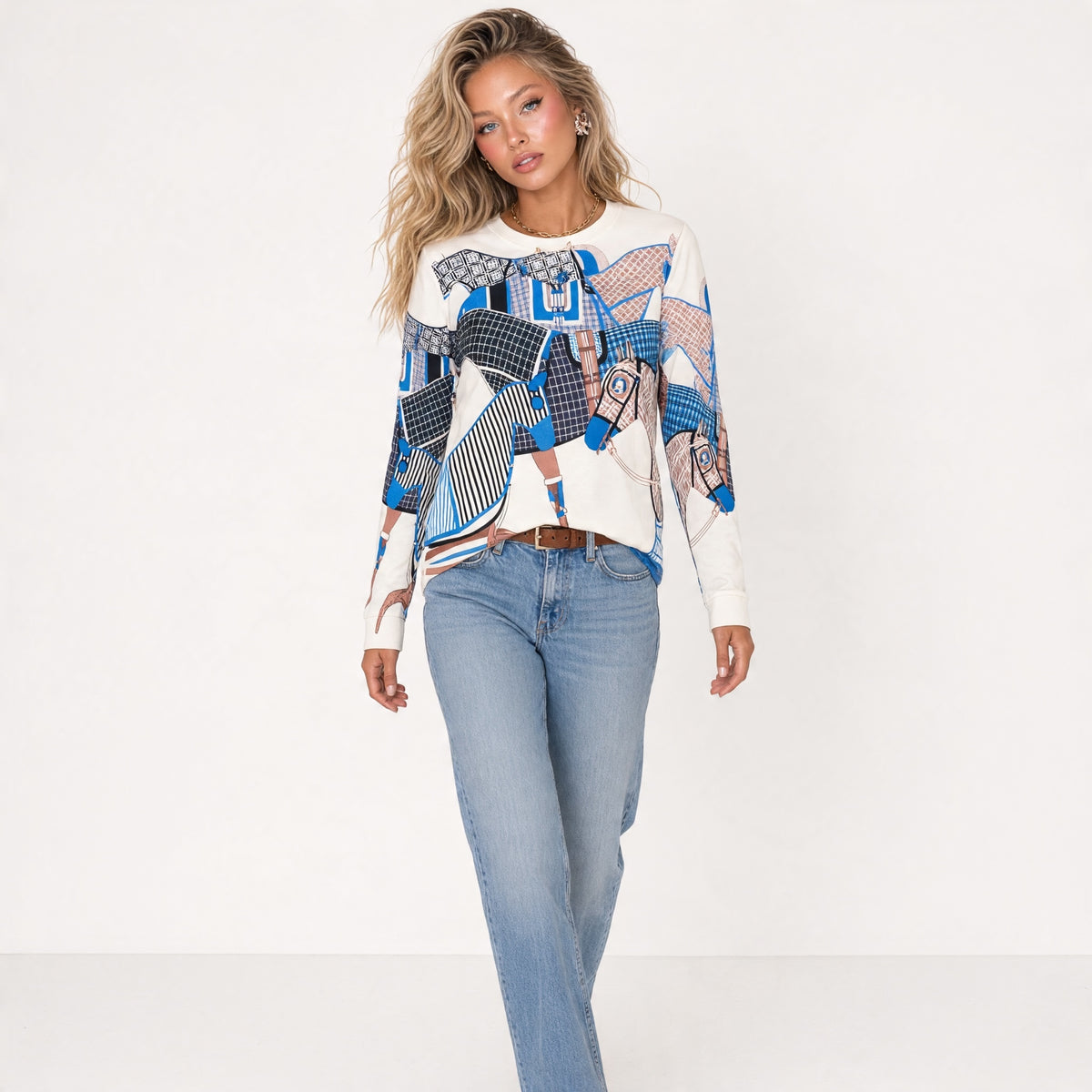 Hermès cream sweatshirt with blue and tan equestrian horse print