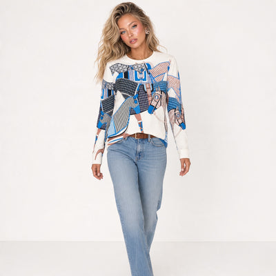 Hermès cream sweatshirt with blue and tan equestrian horse print